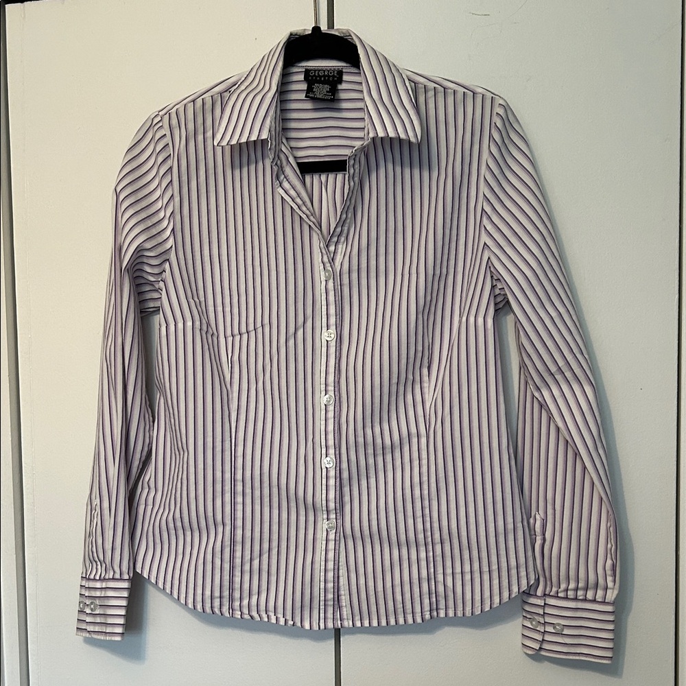 George Women's Light Purple and White Striped Button-Up Shirt
